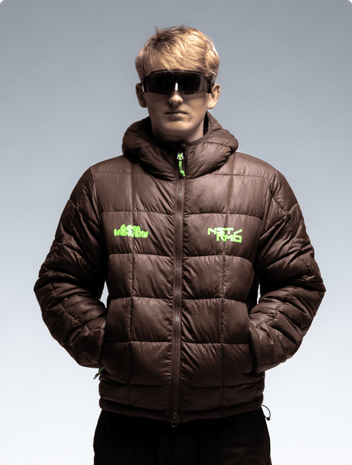 NSTRMO x Good Measure Hooded Puffer Jacket - Cocoa &mdash; image 1 of 7